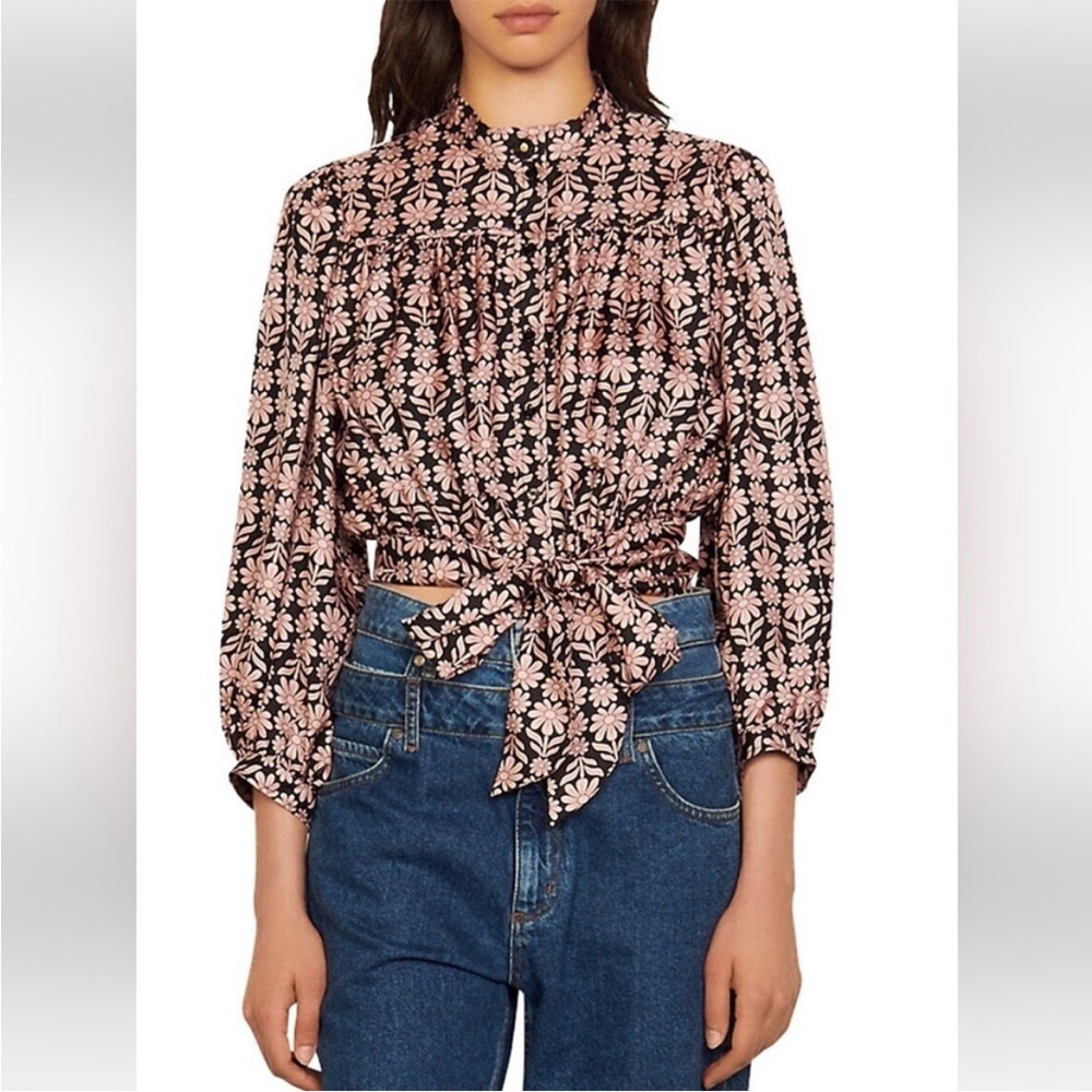 Sandro Helia Cropped Floral Silk Shirt Large